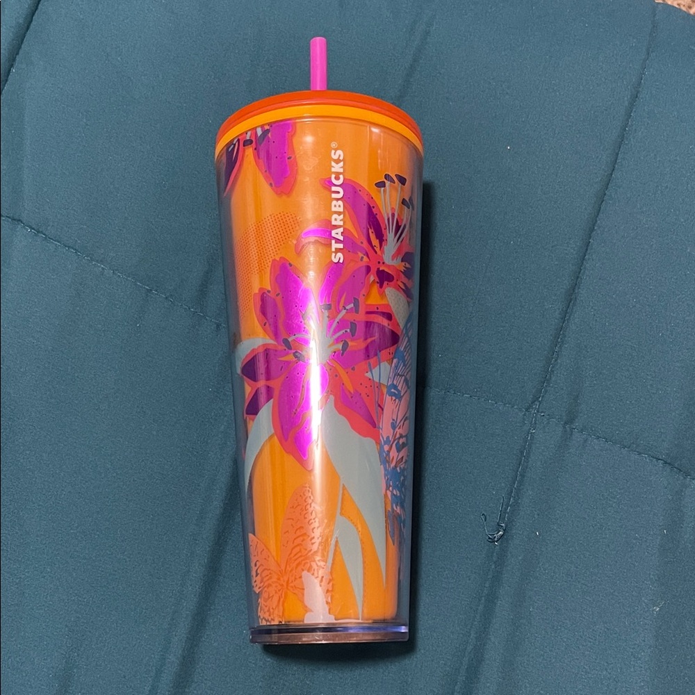 Starbucks Orange Tumbler with Pink Floral Accents